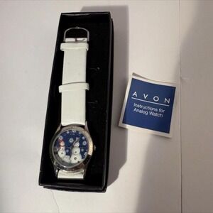 Avon Christmas Watch Snowman Snowflake Design White Strap Silver Tone NEW